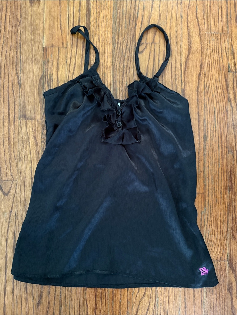 Y2K Lost black satin camisole top featuring a ruffled V-neckline